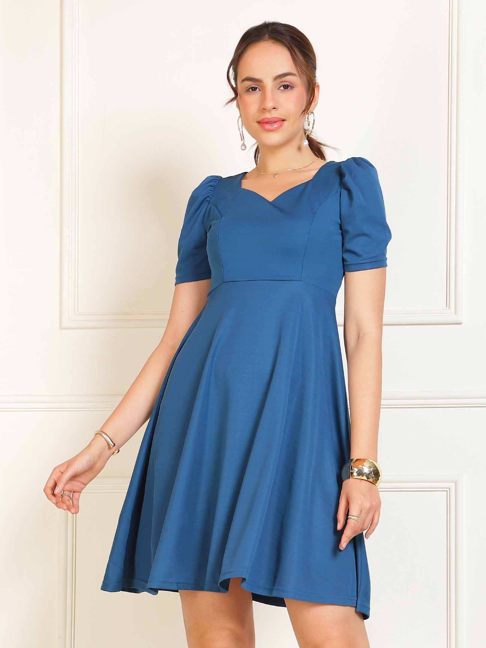Navy Blue Aline Flared Dress Sanaita