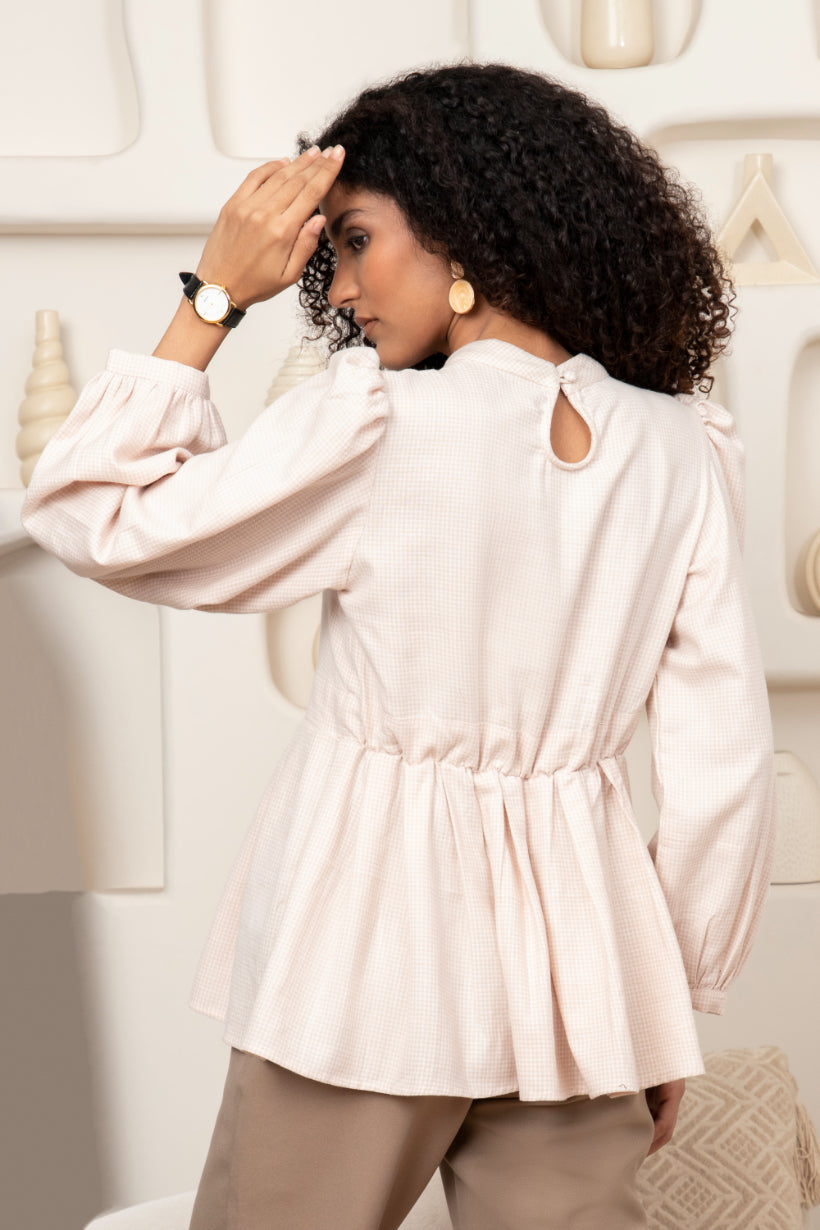 Gingham Check Beige Peplum Sanaita
