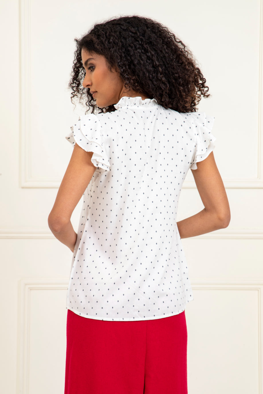 Blue Dobby Frill Cap Sleeve Top Sanaita