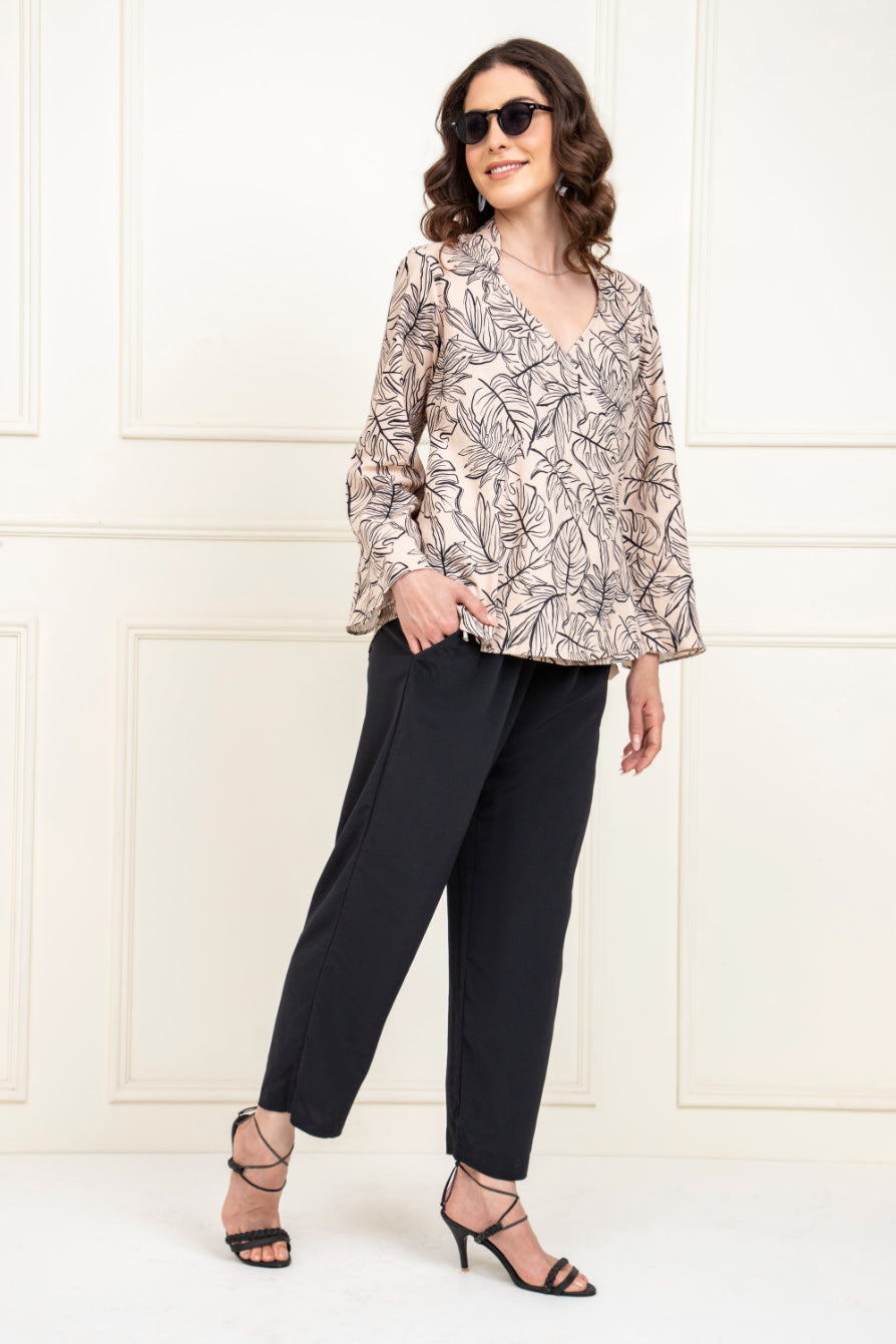 Leafy Beige Flared Sleeve Top Sanaita
