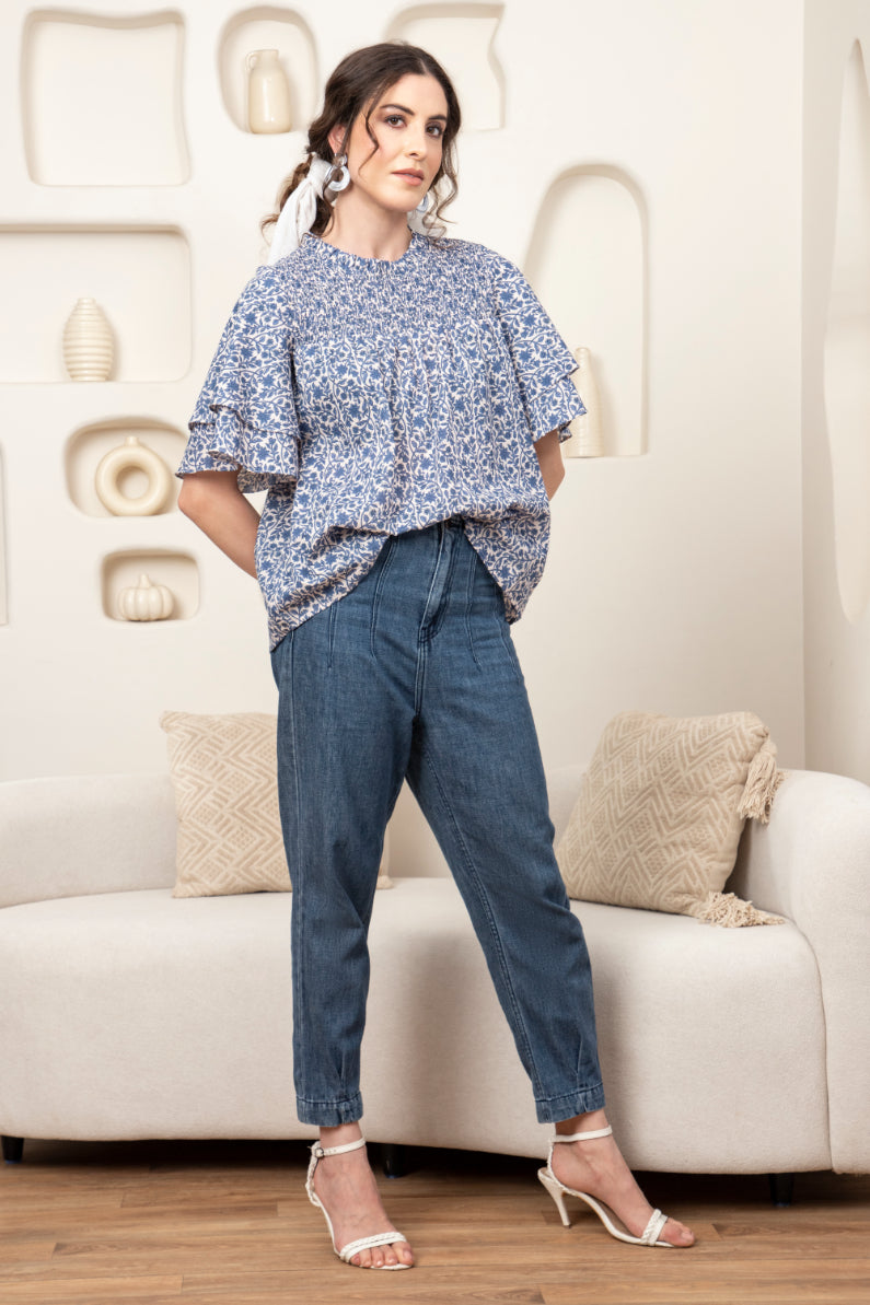 Smocked Yoke Frill Sleeve Top Sanaita