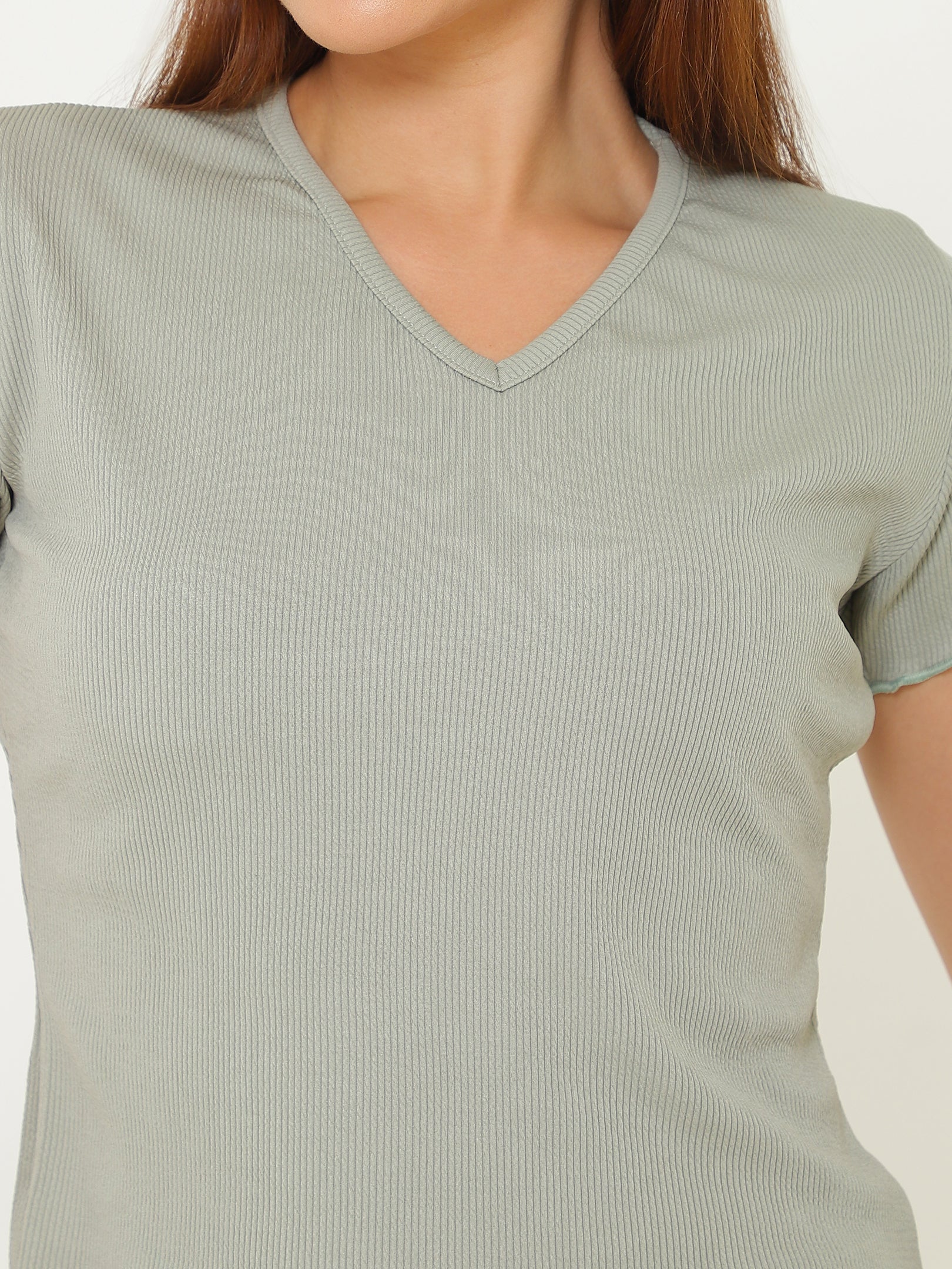 Pastel Olive V Nck Ribbed Top Sanaita