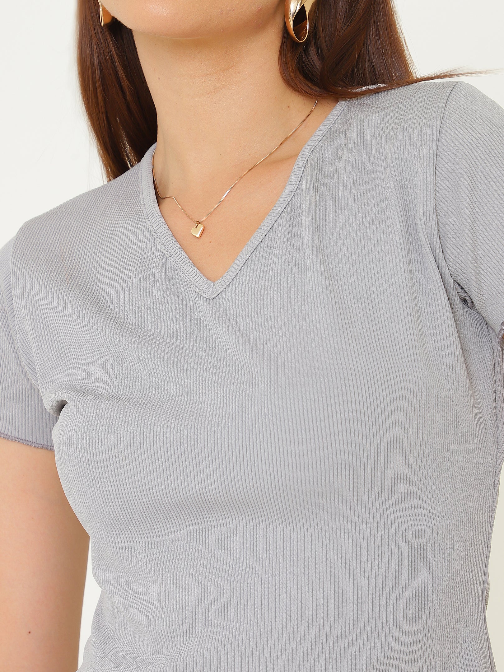 Powder Blue V Nck Ribbed Top Sanaita