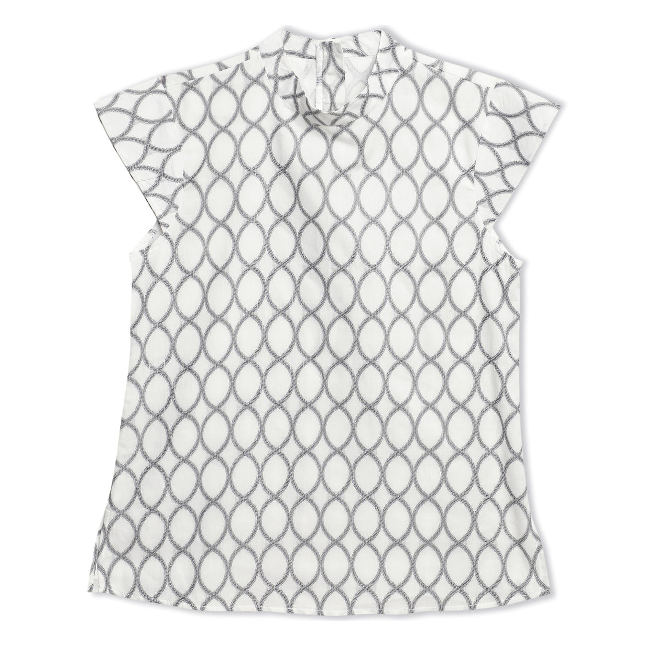 Cap Sleeve Band Collar Jacquard Top Sanaita