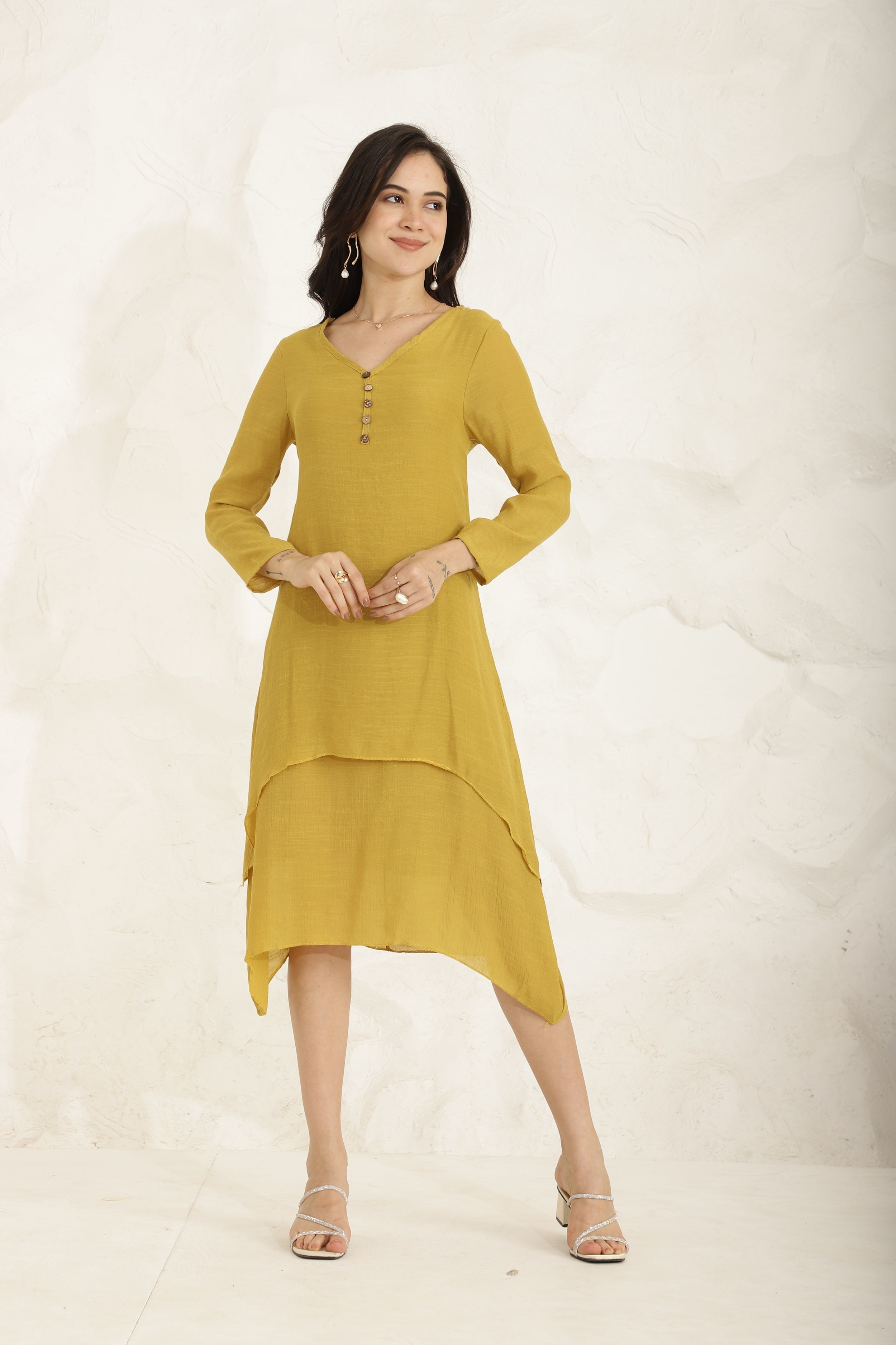 Ebb Curve Dress-Mustard Sanaita
