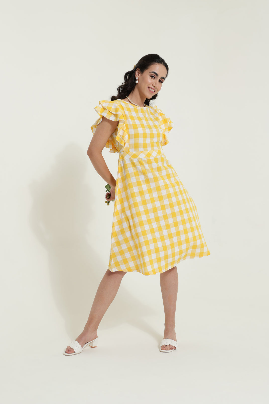 Double Frill Yellow Check Retro Dress Sanaita