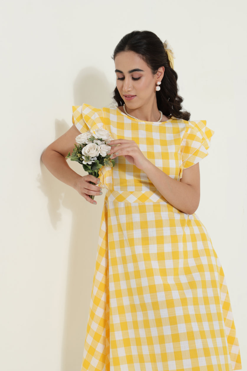 Double Frill Yellow Check Retro Dress Sanaita