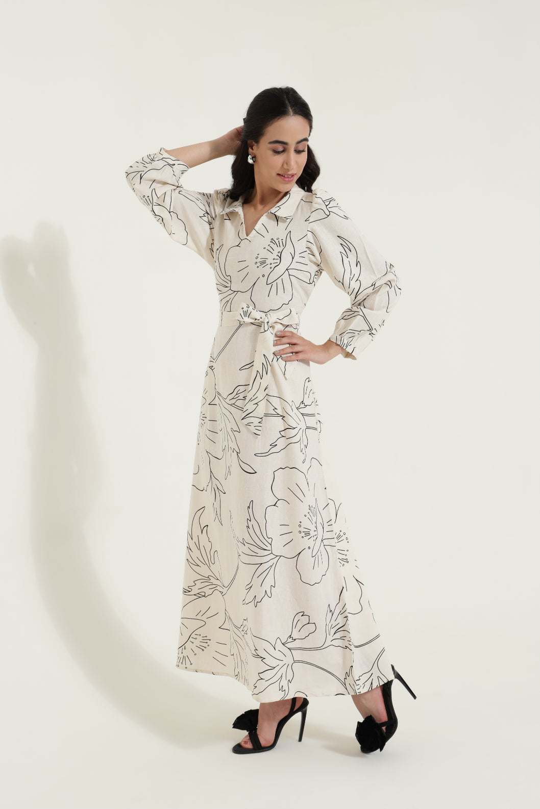Shirt Collar Tieup Floral Maxi Dress Sanaita