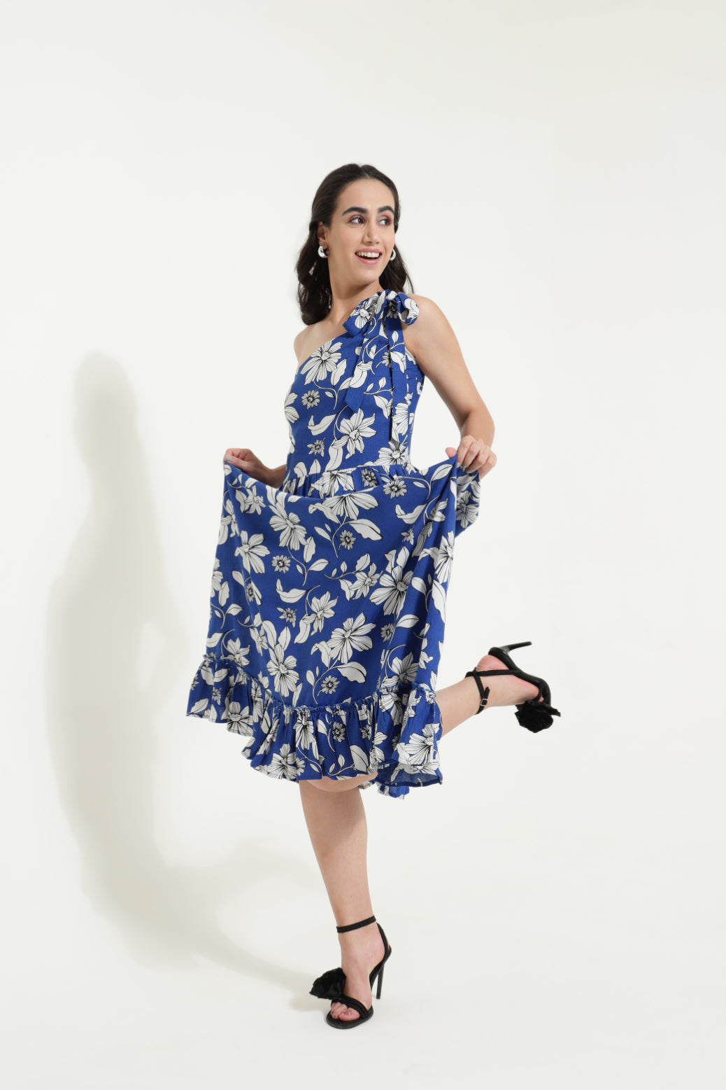 One Shoulder Tieup Blue Floral Dress Sanaita