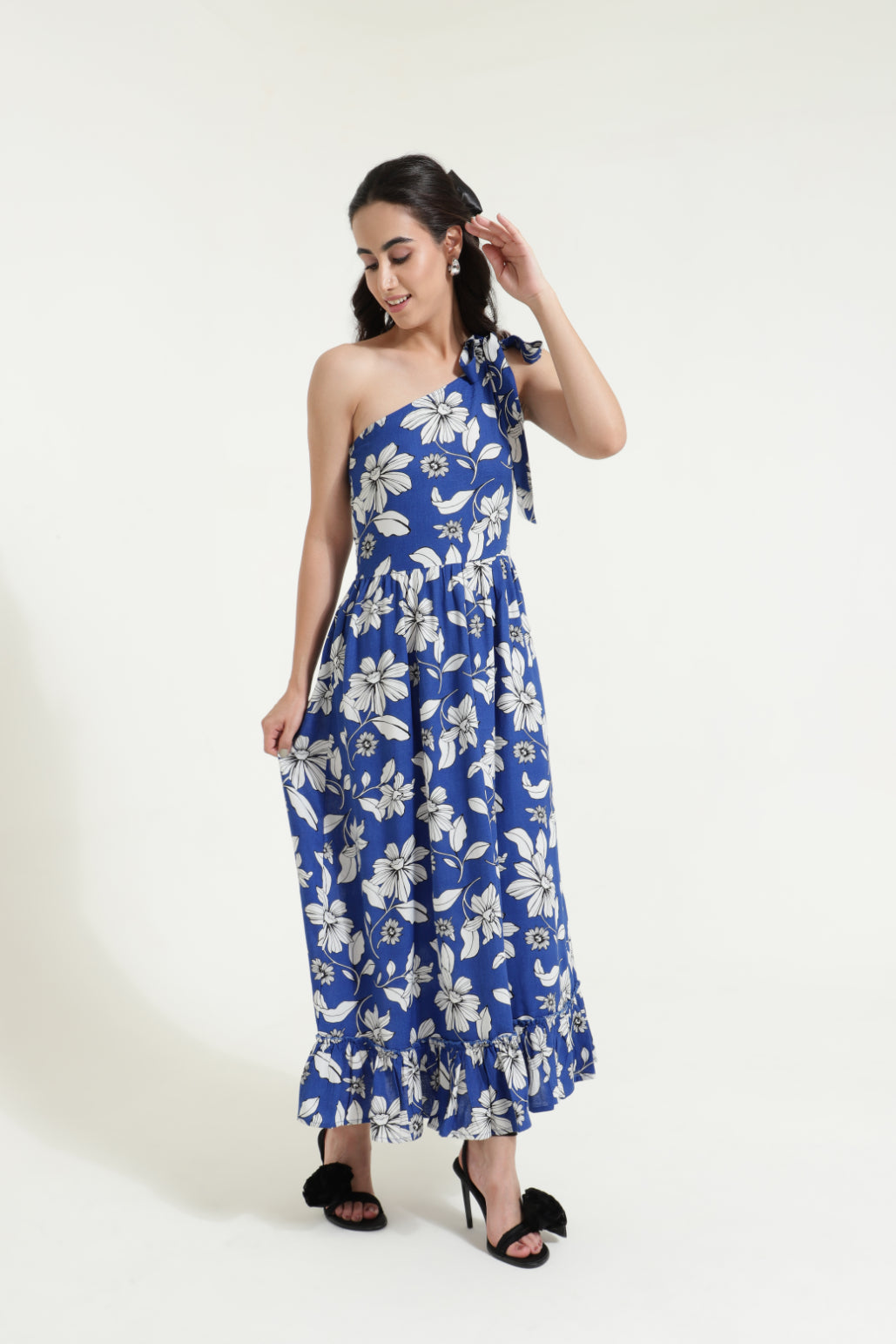 One Shoulder Tieup Blue Floral Dress Sanaita