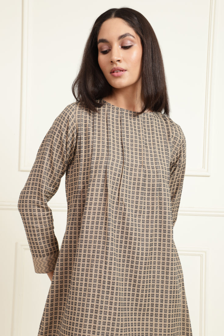 Pintuck Detail Brown Printed Knee Dress Sanaita