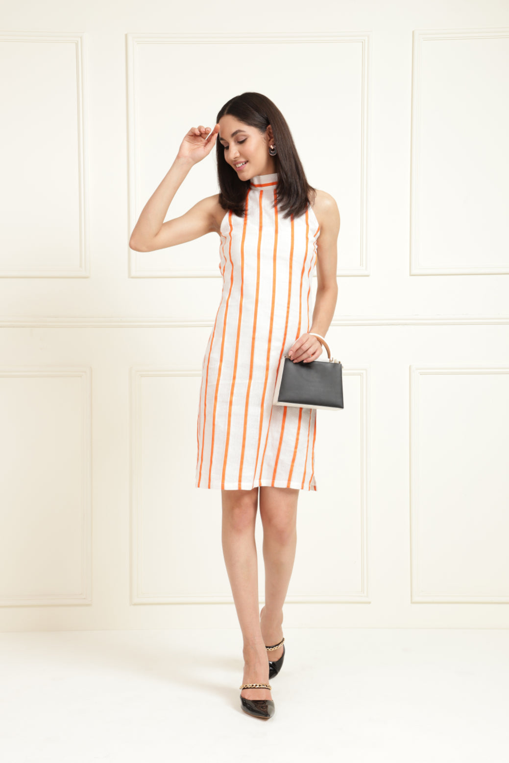 Orange White High Neck Sleeveless Dress Sanaita