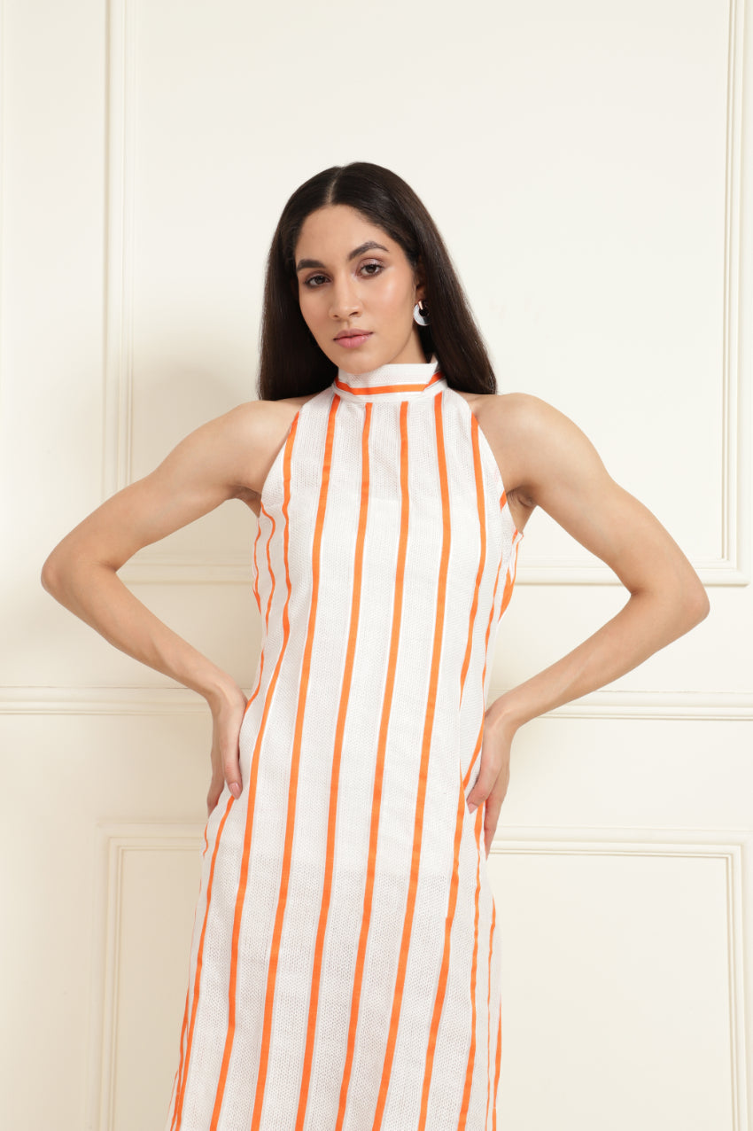 Orange White High Neck Sleeveless Dress Sanaita