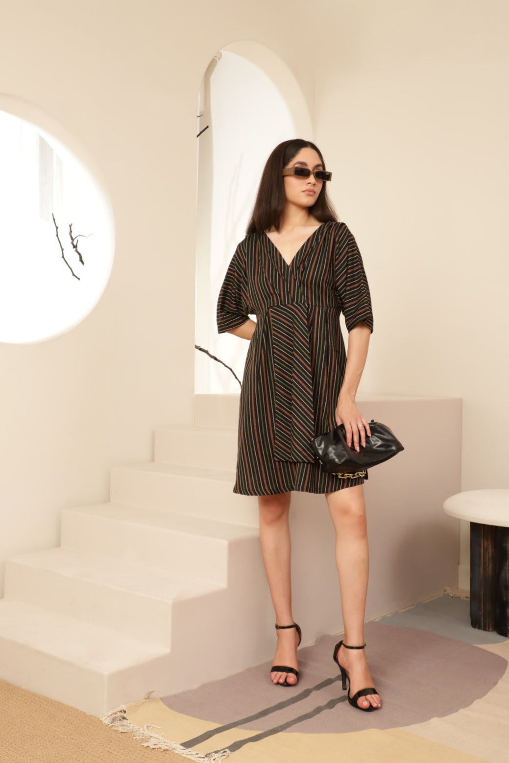 Bat Sleeve Overlap Look Black Striped Dress Sanaita