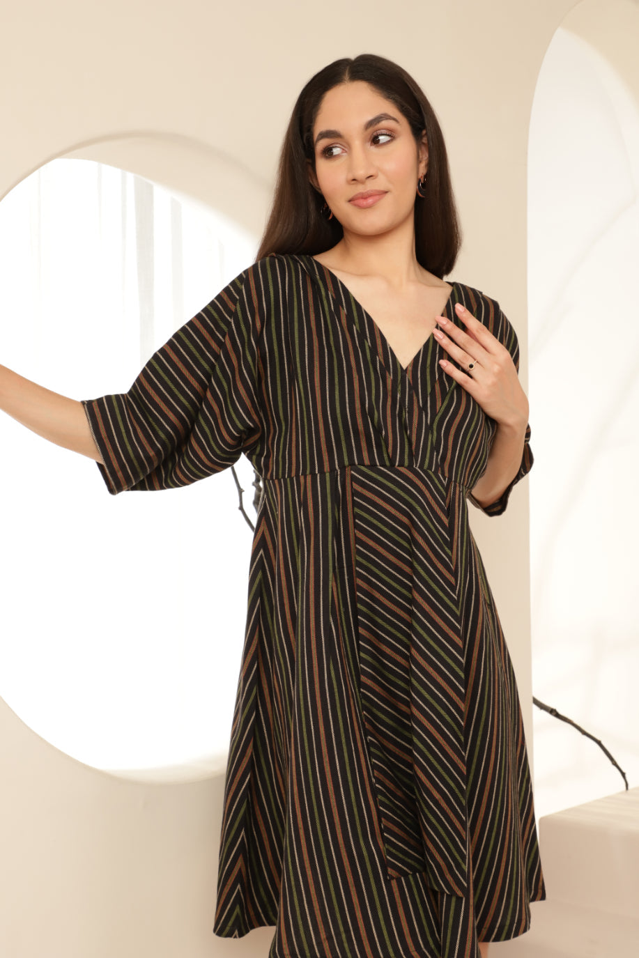 Bat Sleeve Overlap Look Black Striped Dress Sanaita