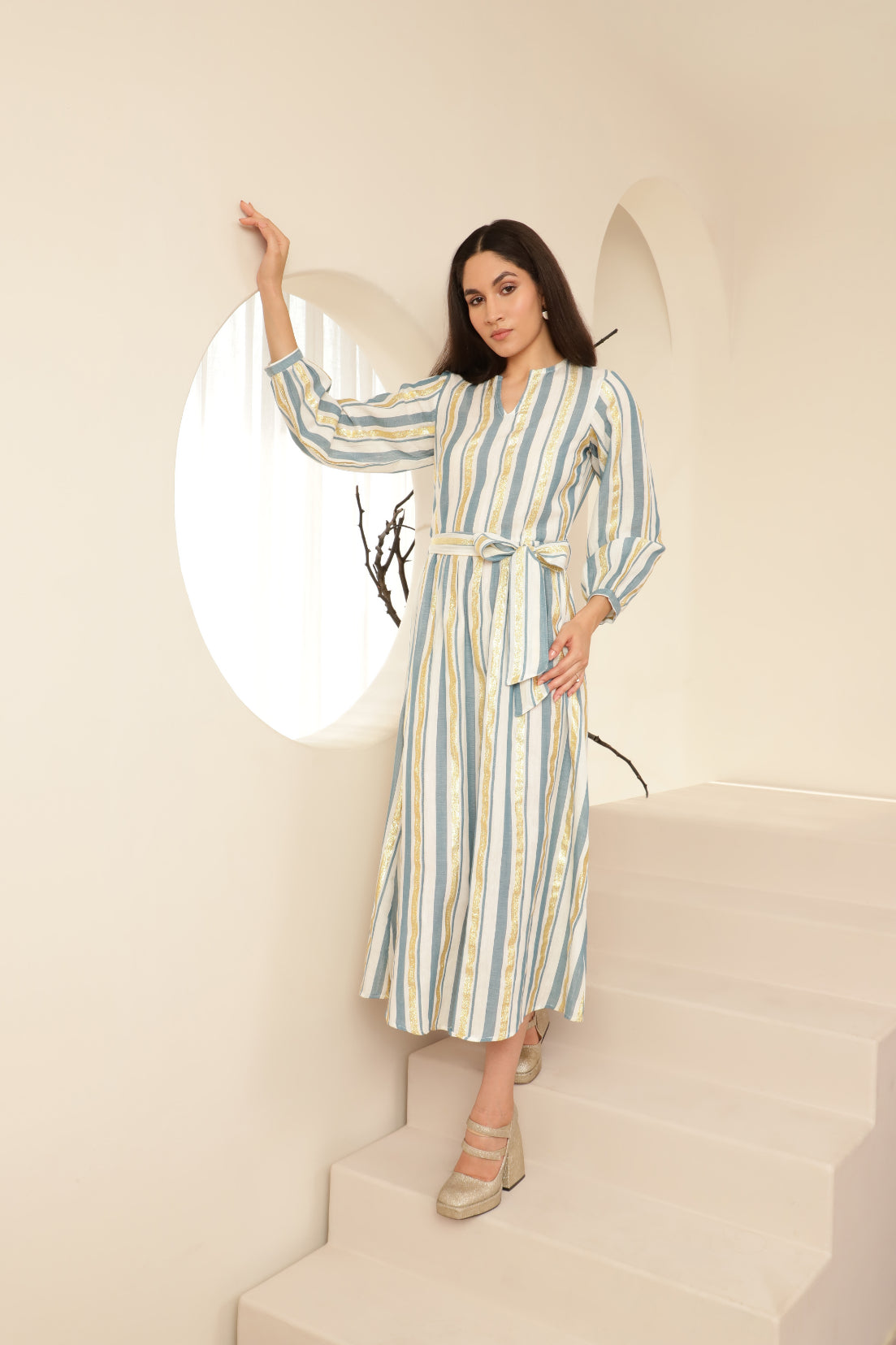 Blue and Gold Striped Tieup Detail Dress Sanaita