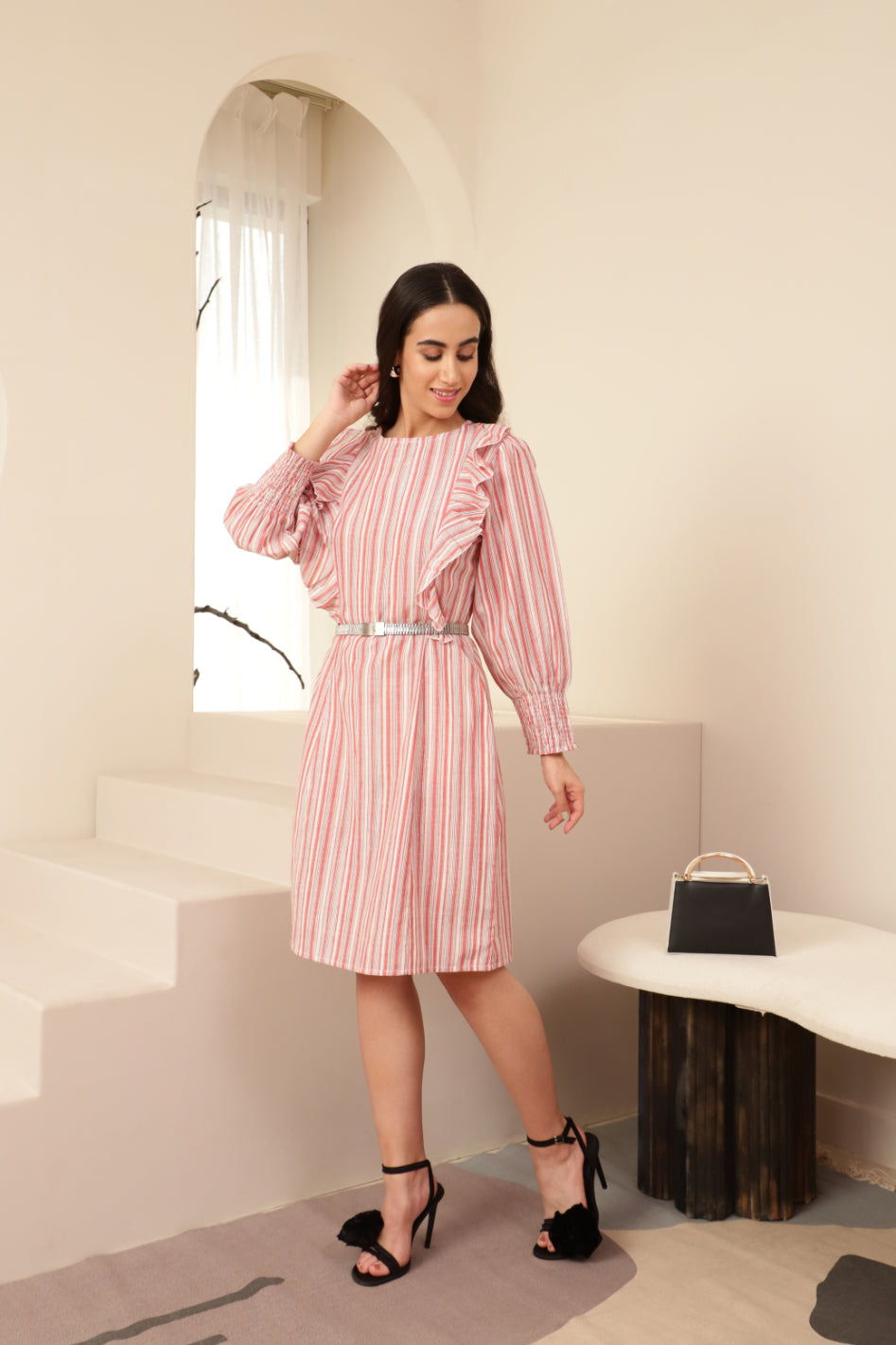 Red Striped Ruffle Detail Body Fit Dress Sanaita