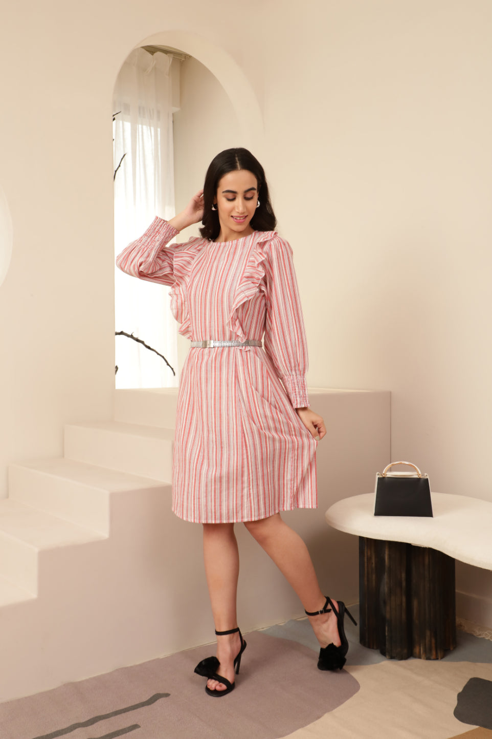 Red Striped Ruffle Detail Body Fit Dress Sanaita