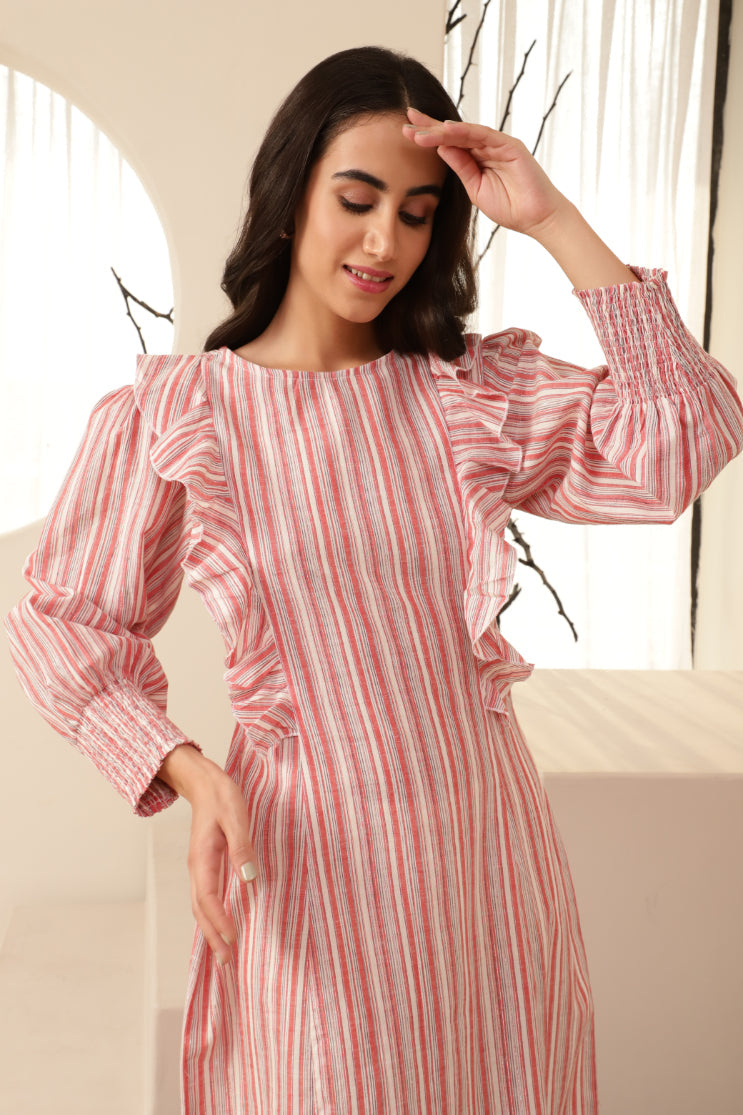 Red Striped Ruffle Detail Body Fit Dress Sanaita