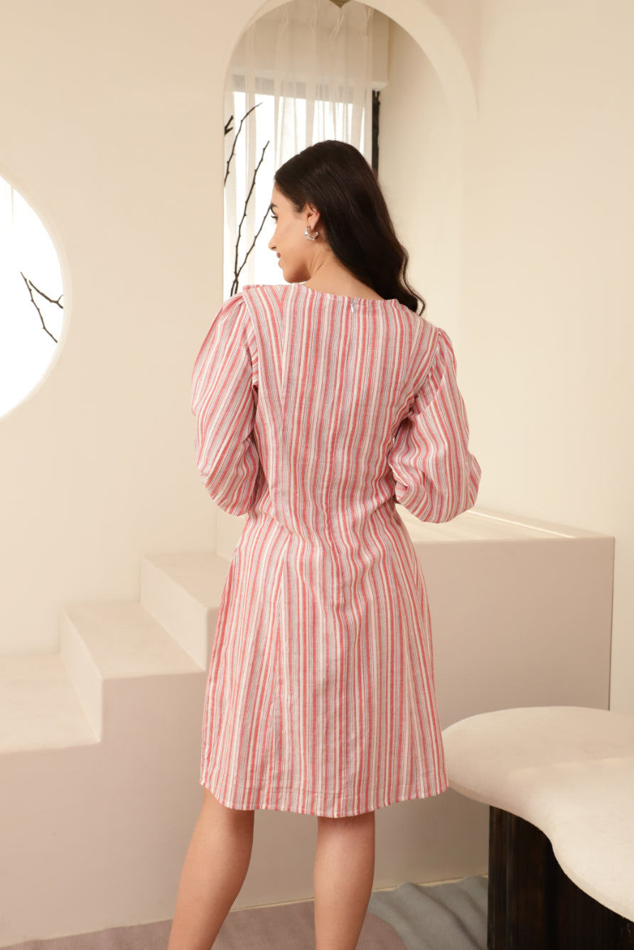 Red Striped Ruffle Detail Body Fit Dress Sanaita