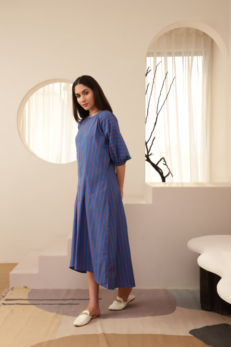 Baloon Sleeve Blue Striped Zip Neckline Dress Sanaita