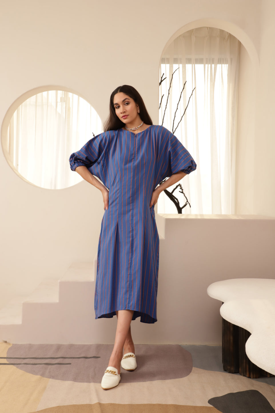 Baloon Sleeve Blue Striped Zip Neckline Dress Sanaita