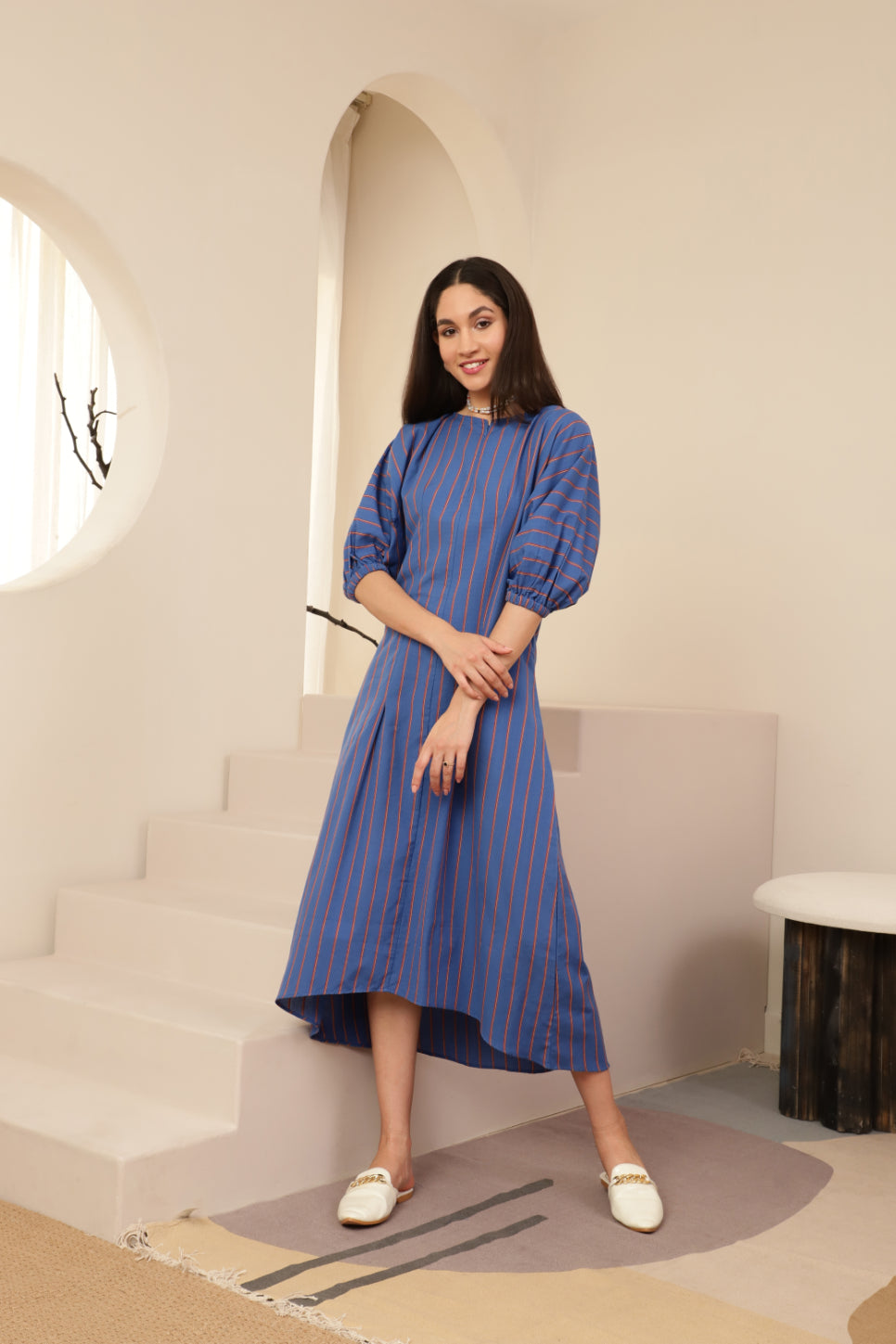 Baloon Sleeve Blue Striped Zip Neckline Dress Sanaita