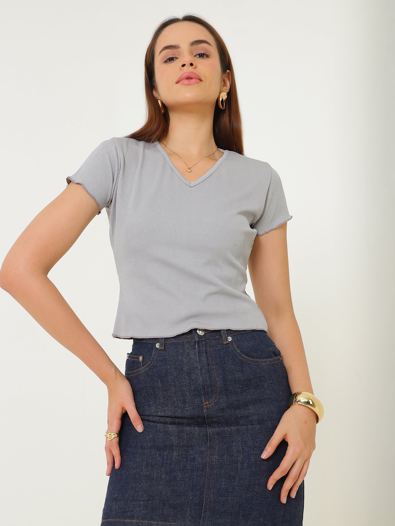Powder Blue V Nck Ribbed Top Sanaita