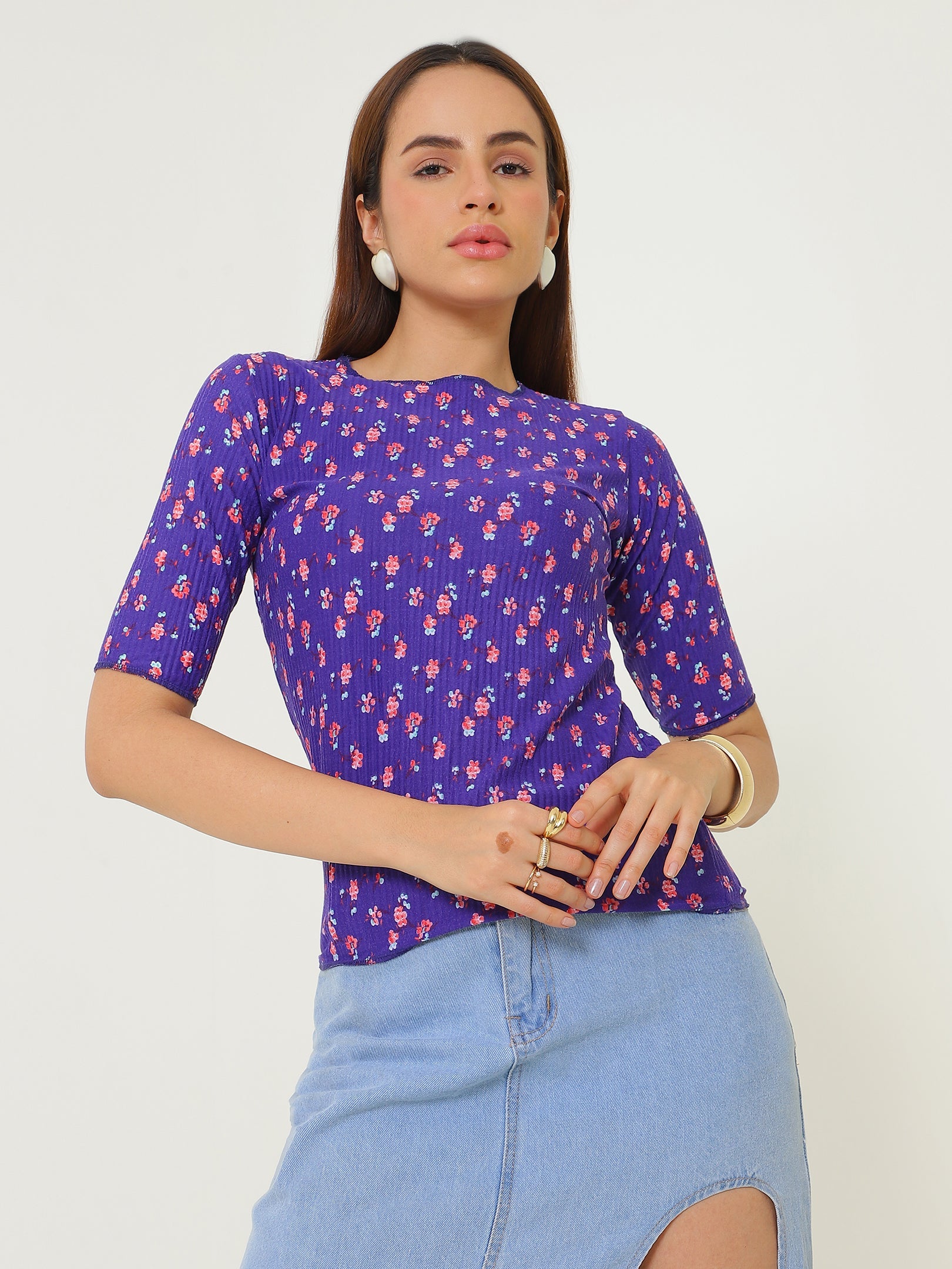 Purple Printed Top Round Neck Sanaita