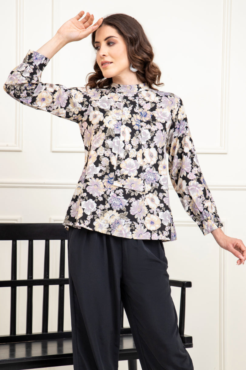 Floral Print Neck Tie Style Top Sanaita