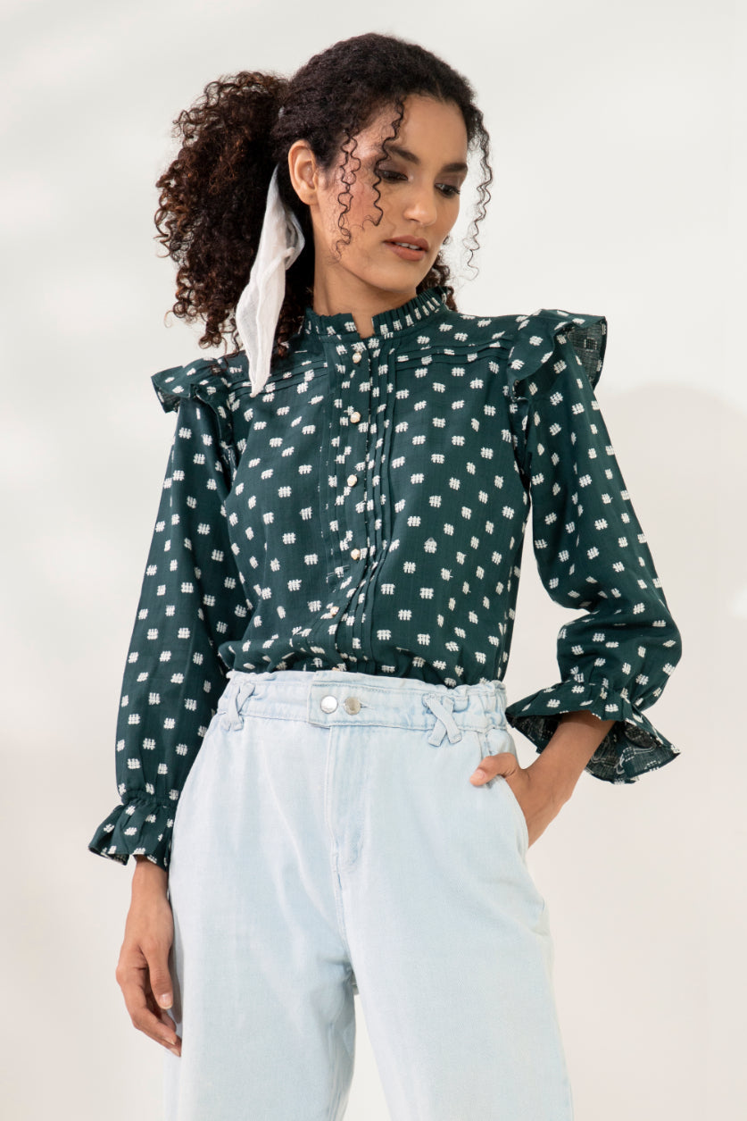 Green Dobby Frill Shirt Sanaita