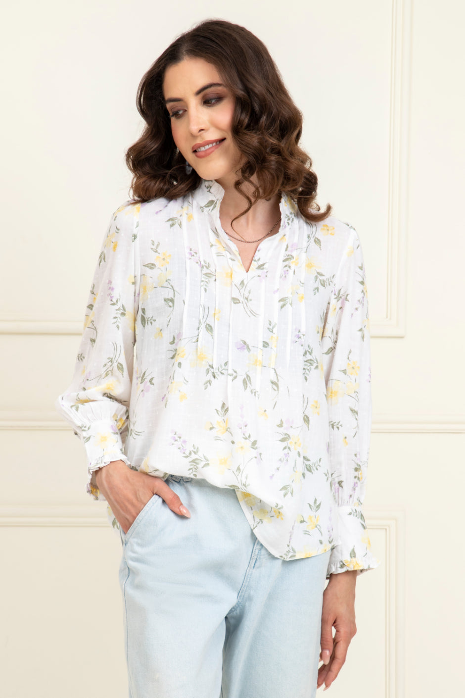 Feisty Floral Dobby Pin Tuck Detail Top Sanaita
