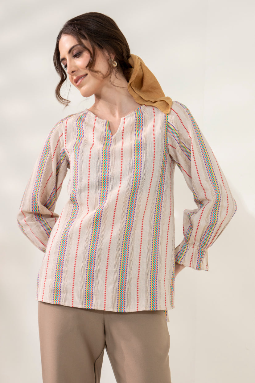 Multi Colour Dobby Textured Beige Top Sanaita