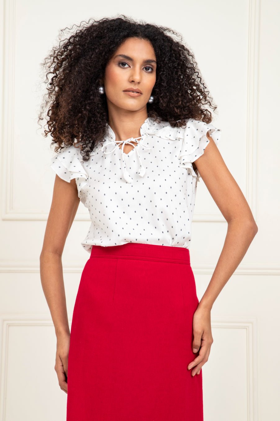 Blue Dobby Frill Cap Sleeve Top Sanaita