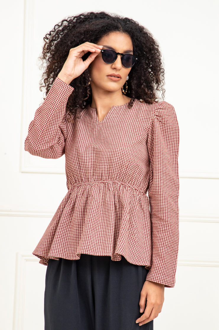 Red Beige Jacquard Peplum Top Sanaita