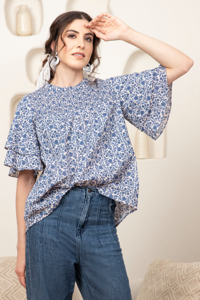Smocked Yoke Frill Sleeve Top Sanaita