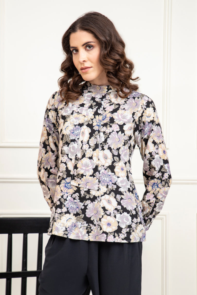 Floral Print Neck Tie Style Top Sanaita