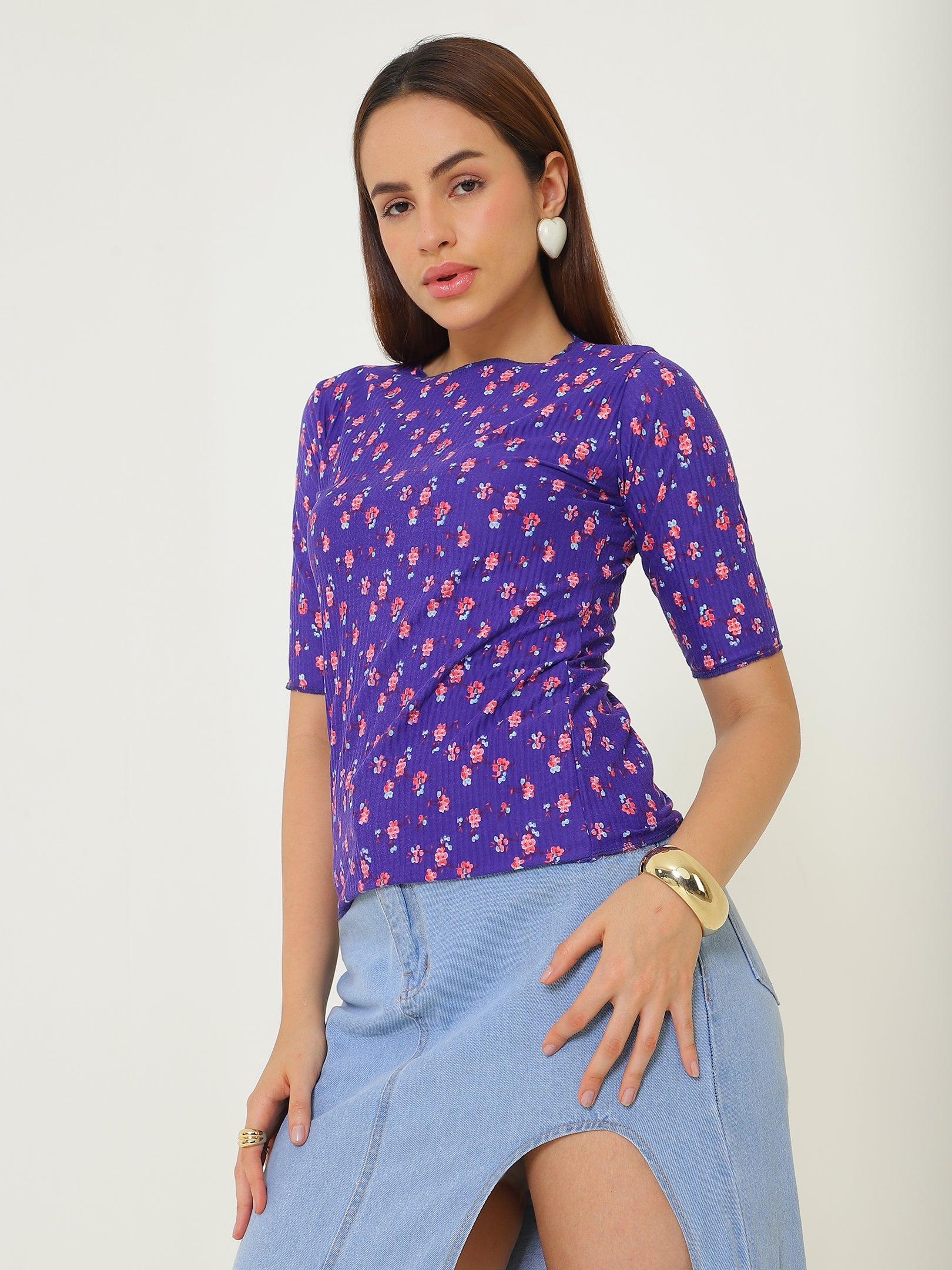 Purple Printed Top Round Neck Sanaita