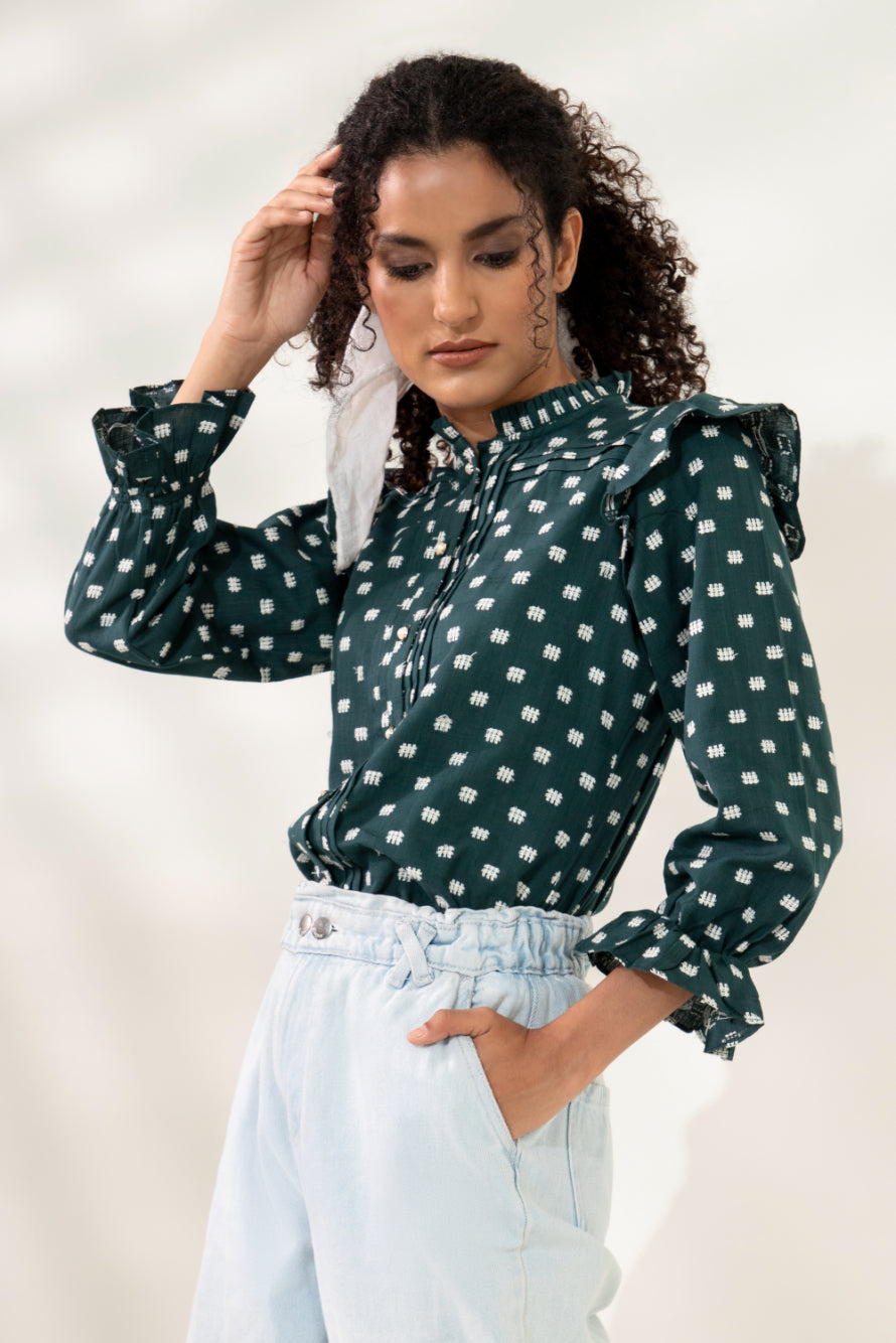 Green Dobby Frill Shirt Sanaita