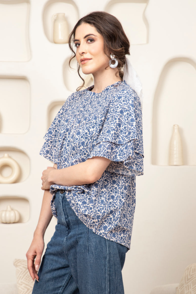 Smocked Yoke Frill Sleeve Top Sanaita