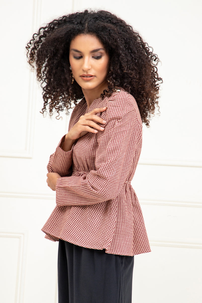 Red Beige Jacquard Peplum Top Sanaita