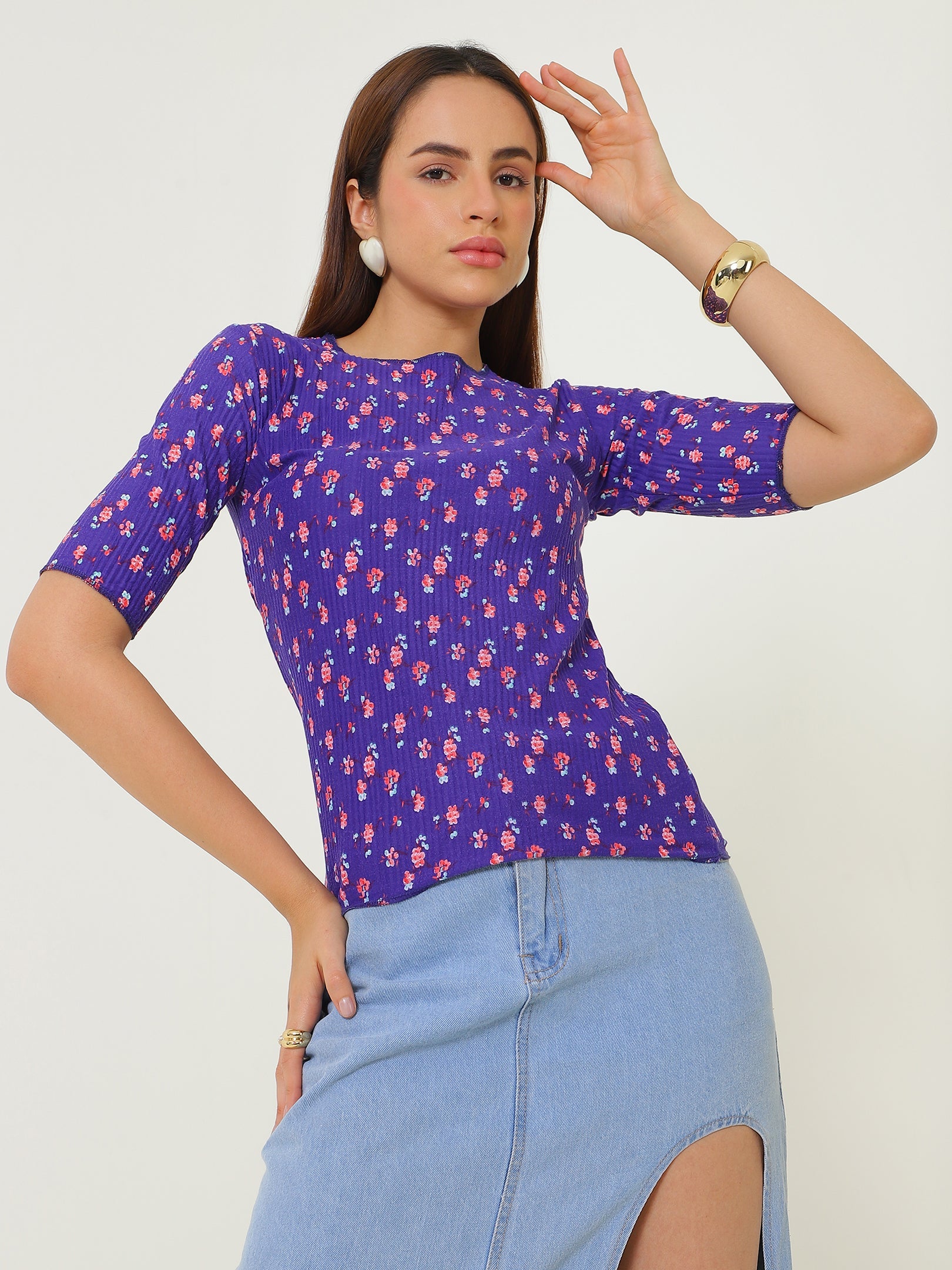 Purple Printed Top Round Neck Sanaita