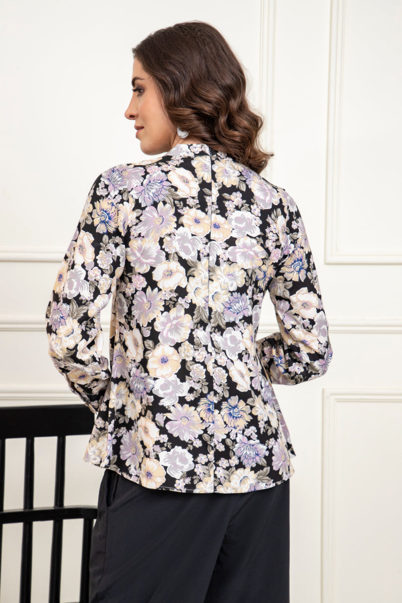 Floral Print Neck Tie Style Top Sanaita