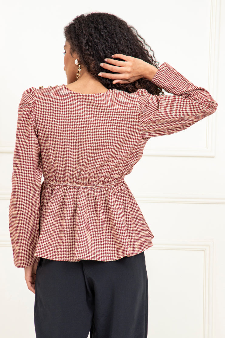 Red Beige Jacquard Peplum Top Sanaita