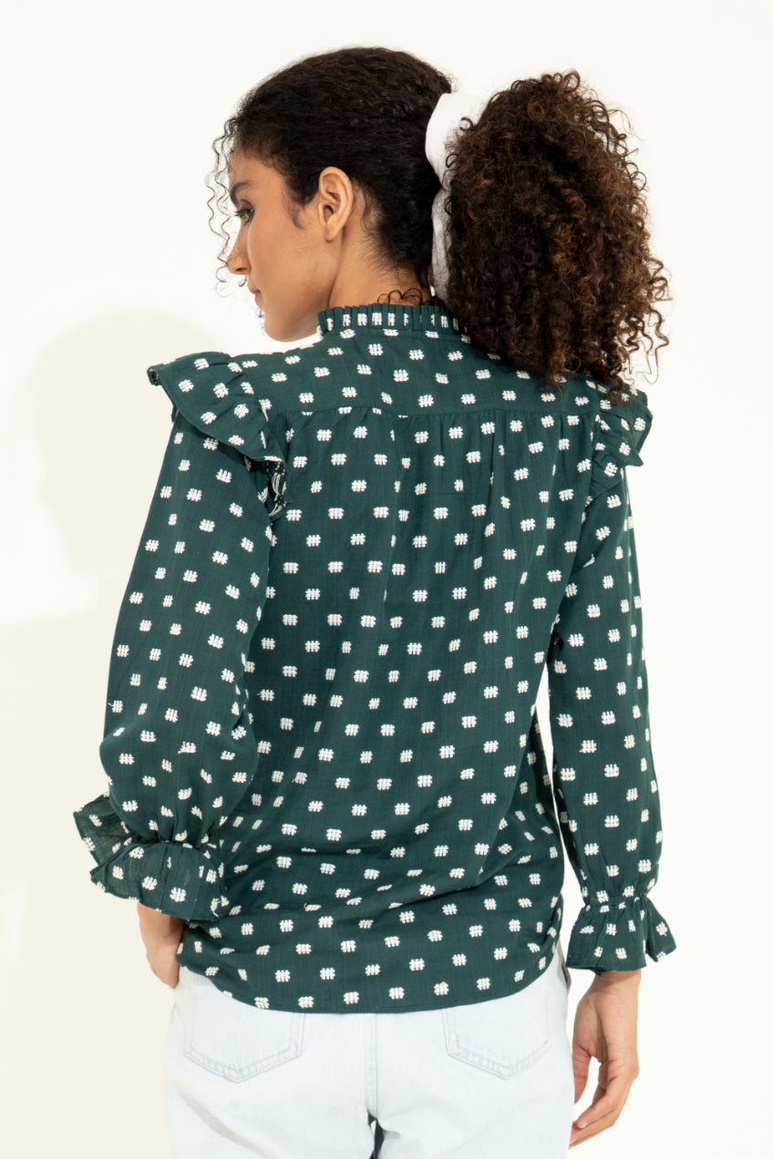 Green Dobby Frill Shirt Sanaita