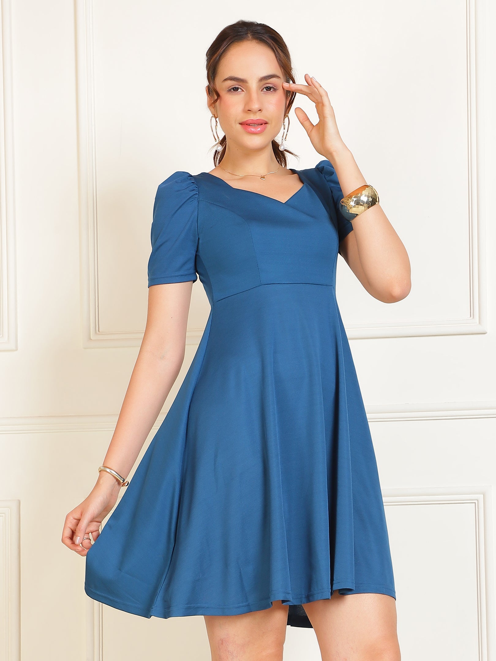Navy Blue Aline Flared Dress Sanaita