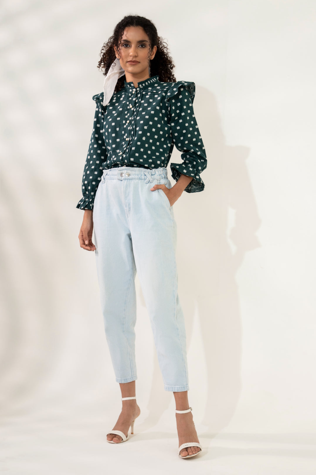 Green Dobby Frill Shirt Sanaita