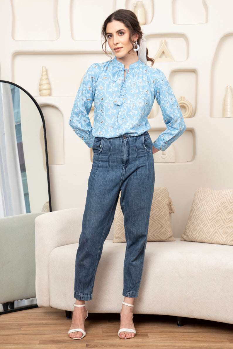 Floral Hand Block Print Neck Tieup Top Sanaita