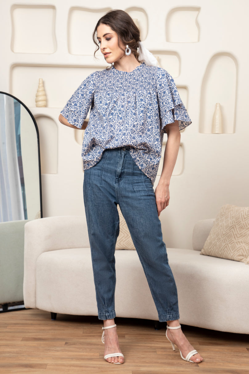 Smocked Yoke Frill Sleeve Top Sanaita