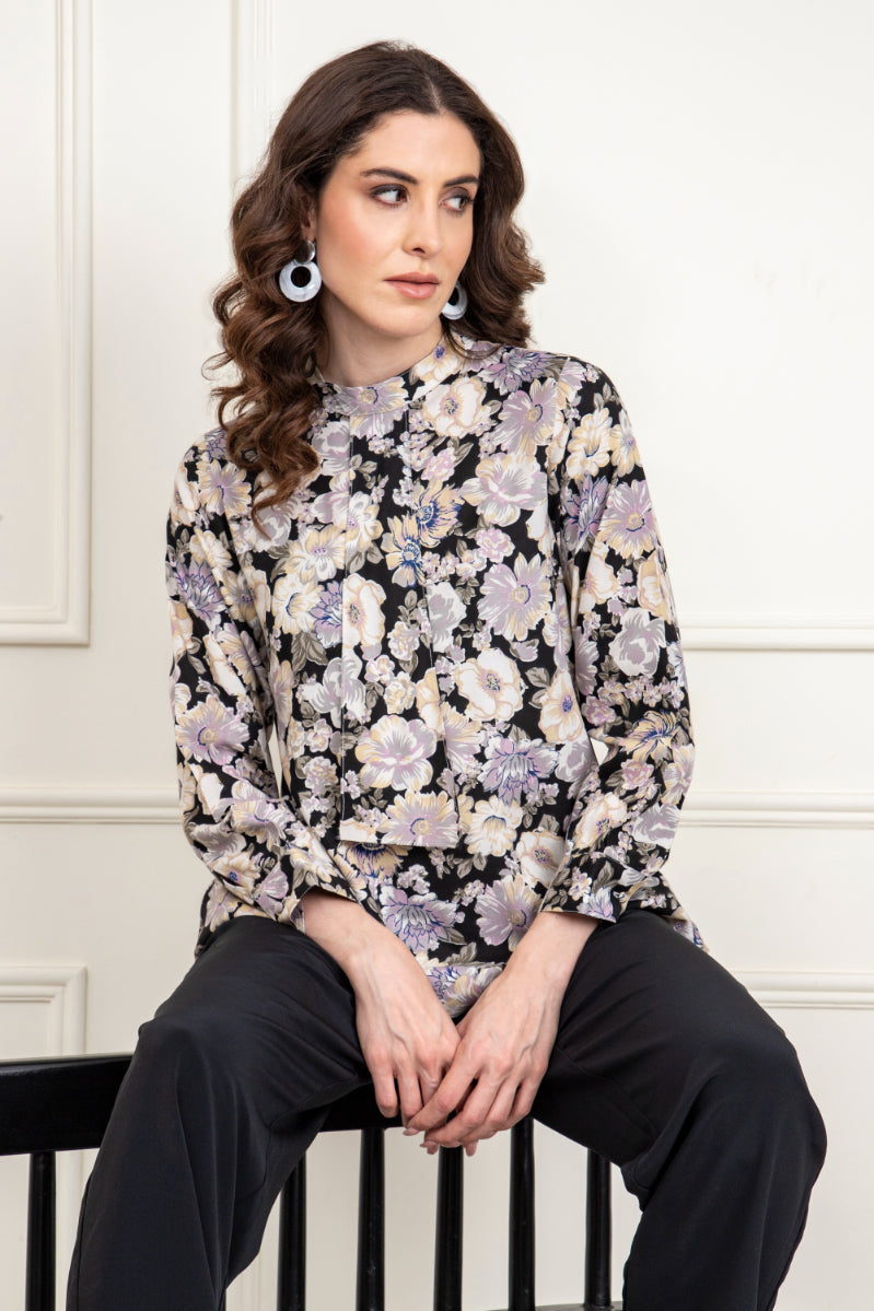 Floral Print Neck Tie Style Top Sanaita